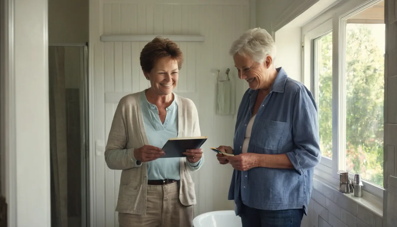 A homeowner and a provider reviewing bathroom measurements in the Watertown area